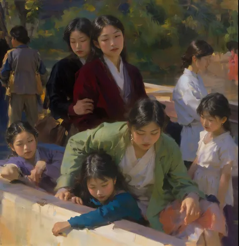 A group of Asians，2000，Modern Asian，View from the bridge，Three children at the bottom of the picture，,Oil painting style，Oil painting brush strokes，Sargents style，The color of dusk，man，elder，Delicate face