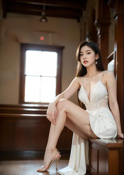 Beautiful 25 year old tall and slender woman。perfect legs. perfect face. She is fashion model. She is staying in the old classic church. She is wearing a wedding dress that a leg is visible. She is illuminated by sunset light. the evening church lights is ...