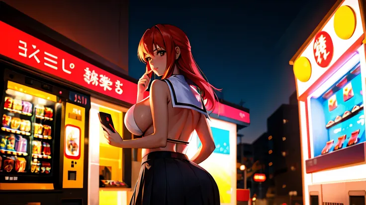 photo cute anime grirl, cute, close up, entire, drawing, manga, night, retrowave scene, anime, 16x9, city night, student, arcades, scantily clad girl, photogenic, exhibitionist, 2d, colorful, arcade, a girl in a city, anime characters, anime style, 2d, dra...