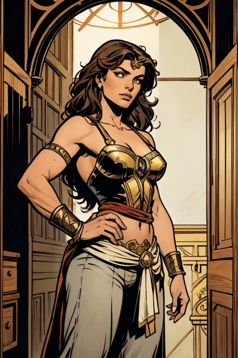 Arte John Buscema,Retrato corpo inteiro de uma mulher pirata , red band wrapped around the head,cabelos longos e cacheados, clavicle, Branco, moldura floral, painel decorativo, abstrair, cintura,hat, casaco, Gray pants, sapatos de fivelas e uma faixa para ...