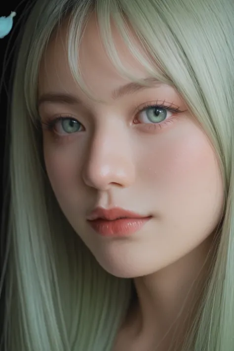 score_9, score_8_up, score_7_up, BREAK, 
realistic, Girls profile picture, light green long hair with bangs, light blue petals on cheeks, realistic skin texture, detailed picture, close-up, HD32k