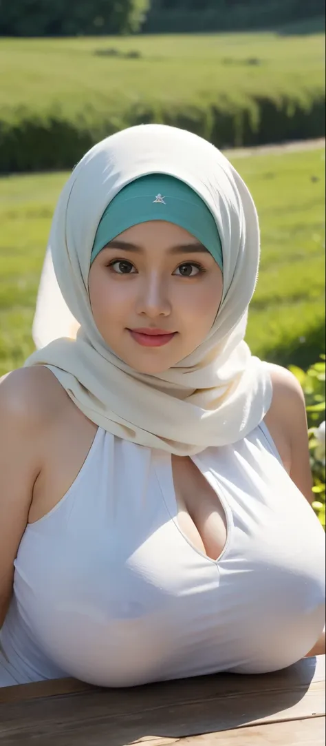 ( Close Up),RAW, Best quality, high resolution, works: 1.3), Beautiful Malay woman in hijab, Masterpiece, fit body, big breasts, beautiful big eyes, Soft smile, beautiful face, woman sitting at a table in a green meadow, traditional beauty, moment sunset, ...