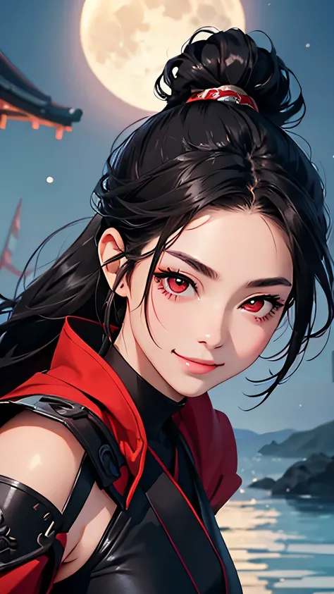 highest quality、Realistic、Women、Japanese、night、full moon、moonlight、zoom、cute、Full make-up、Black Hair、Red eyes、ponytail、Ninja、Shinobi costume、Grim face、Looking down、smile、Bust Shot、　