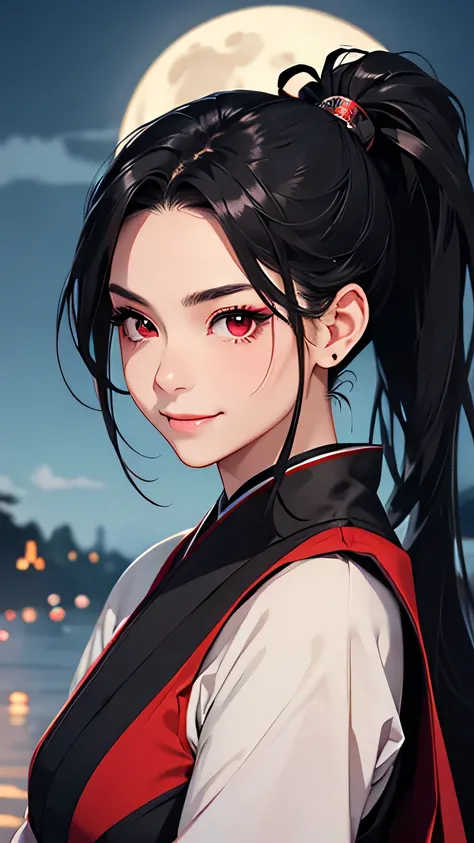 highest quality、Realistic、Women、Japanese、night、full moon、moonlight、zoom、cute、Full make-up、Black Hair、Red eyes、ponytail、Ninja、Shinobi costume、Grim face、Looking down、smile、Bust Shot、　