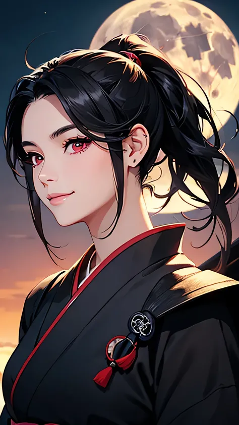 highest quality、Realistic、Women、Japanese、night、full moon、moonlight、zoom、cute、Full make-up、Black Hair、Red eyes、ponytail、Ninja、Shinobi costume、Grim face、Looking down、smile、Bust Shot、　