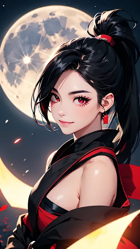 highest quality、Realistic、Women、Japanese、night、full moon、moonlight、zoom、cute、Full make-up、Black Hair、Red eyes、ponytail、Ninja、Shinobi costume、Black Mask、Hold the sword、Grim face、Looking down、smile、Bust Shot、　