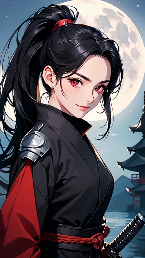 highest quality、Realistic、Women、Japanese、night、full moon、moonlight、zoom、cute、Full make-up、Black Hair、Red eyes、ponytail、Ninja、Shinobi costume、Black Mask、Hold the sword、Grim face、Looking down、smile、Bust Shot、　