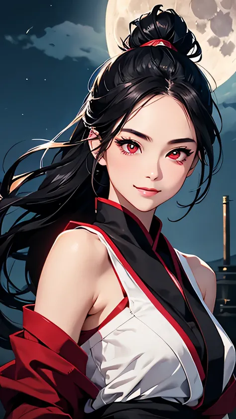 highest quality、Realistic、Women、Japanese、night、full moon、moonlight、zoom、cute、Full make-up、Black Hair、Red eyes、ponytail、Ninja、White ninja outfit、underwear、Black Mask、Hold the sword、Grim face、Looking down、smile、Bust Shot、　