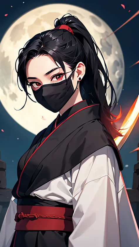 highest quality、Realistic、Women、Japanese、night、full moon、moonlight、zoom、cute、Full make-up、Black Hair、Red eyes、ponytail、Ninja、White ninja outfit、underwear、Black Mask、Hold the sword、Grim face、Looking down、smile、Bust Shot、　