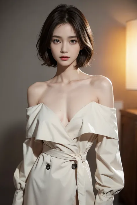 Skinny black top:1.2, looking at the audience, Light, perfect, soft Light, High resolution skin:1.2, Realistic skin texture, 30 years old adult、Small face、No makeup、, Off-shoulder,Bust B cup、 Nude trench coat, Red Eyes, short hair, Dark brown hair,Gray bac...