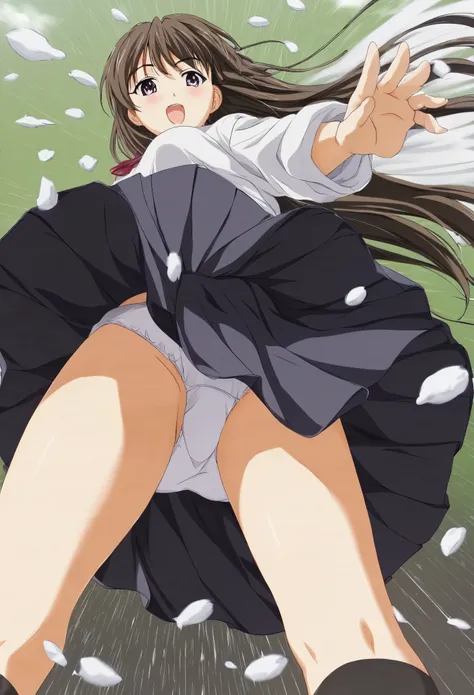 Low - Angle、Long skirt、強WindでHolding the flipping skirt with your hand、強WindでWhite cotton pantiesが見えている、:((Holding the flipping skirt with your hand))Low - Angle8Kで、highest quality、masterpiece、Ultra-detailed、Ultra-high resolution、Anime Style、1. High school...