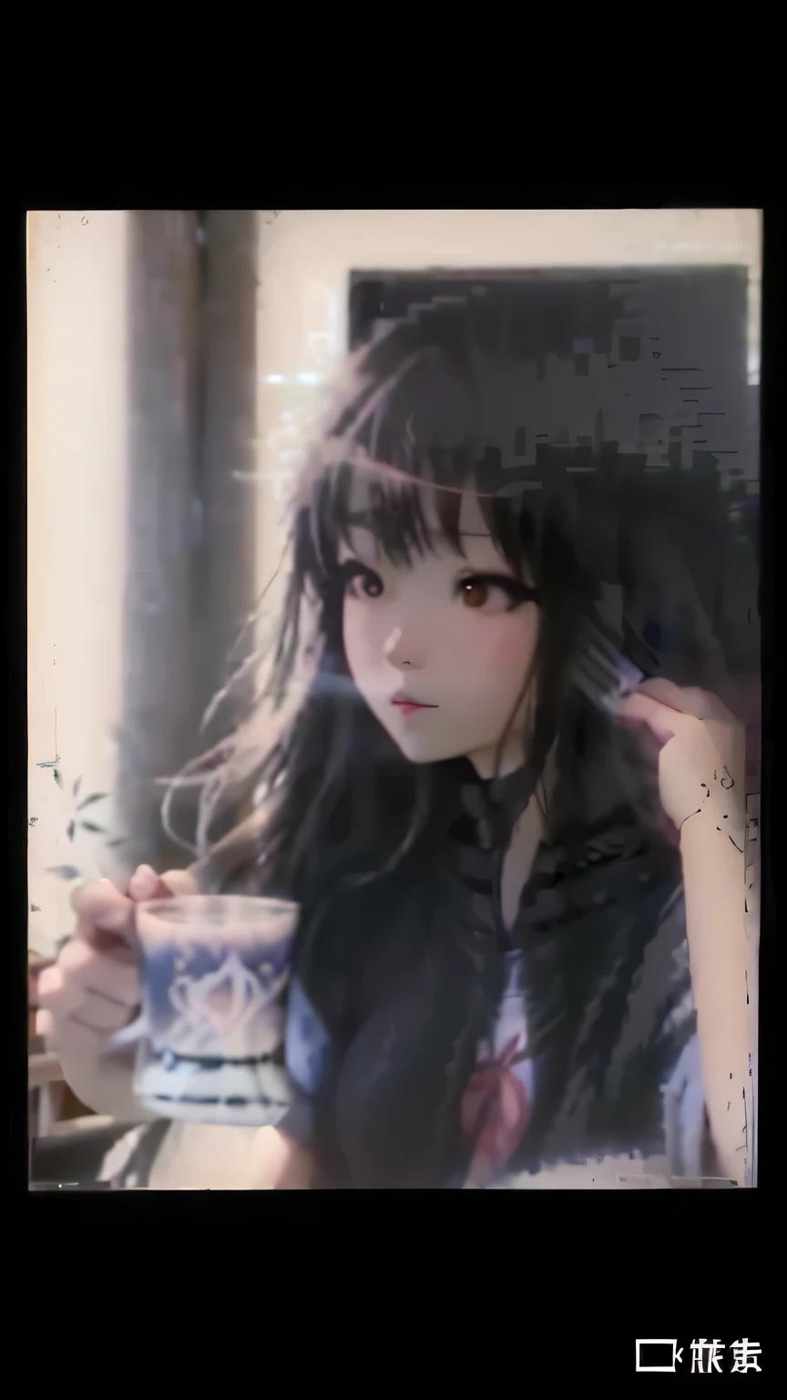 arafed photo of a woman holding a coffee cup in front of a window, chiho, japanese horror movie footage, low quality photograph, junko enoshima, lofi girl, low quality footage, grainy low quality, blurry footage, anaglyph effect ayami kojima, anime style m...