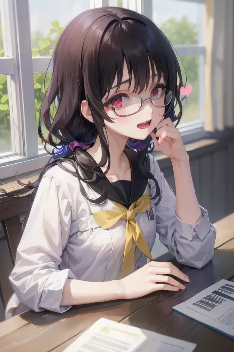 (Tabletop:1.0), (highest quality:1.4), (High resolution:1.2), From the side,Sharp contours,  boyish, highest quality, masterpiece,Glasses,Voice of the Heart,yandere,Browsing Caution,nude,facial,Excessive ,Chest to chest,Upper Body,Ecstasy,saliva,blush,Hete...