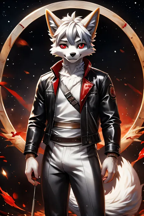 Star Fox，male， Silver-white hair，（Rich in details），hairy，solo，Detailed and realistic，Delicate eyes，（The pupil of the Eye of the Blood Wheel），（（Black and red eyes）），good quality，Rich in details，The fur is delicate，（（Tail position correct），Wearing a white，St...