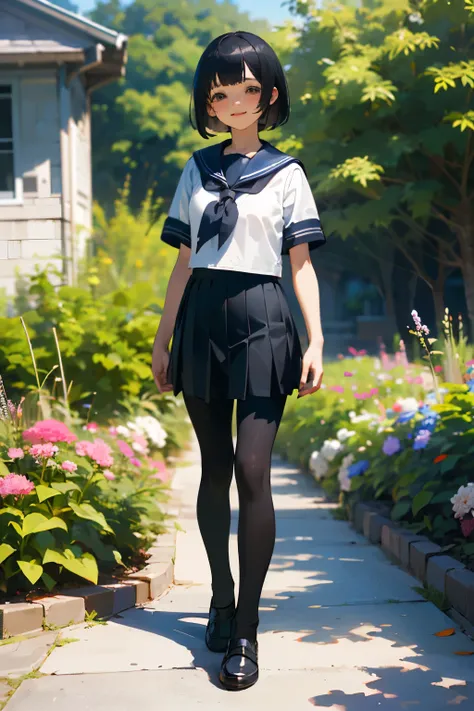 (highest quality, High resolution, Super detailed, Realistic:1.37), Peaceful atmosphere, (Outdoor, garden), Teenage girl standing alone, Beautifully detailed features, Cute Smile, ((Black bob hair)),Short-sleeved sailor uniform, Pleated skirt,Black tights,...