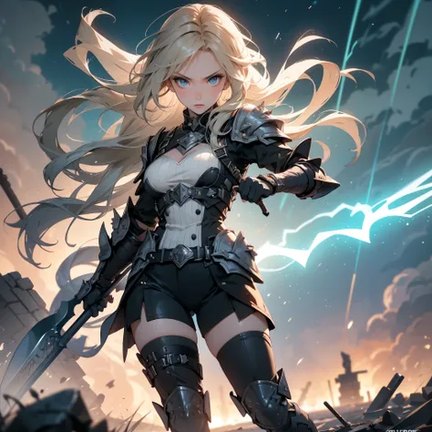 A striking artwork of a fierce female warrior standing on a rugged battlefield. The full-body view showcases her in rugged, functional black and grey armor, exuding an aura of formidable power and indomitable will. Her short, spiky blonde hair frames a fac...