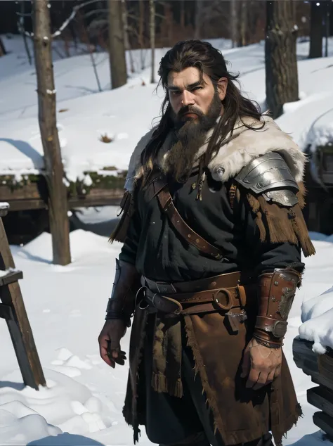 ((masterpiece、highest quality、Very detailed、High resolution、Sharp focus))、The most beautiful dungeons&Dragons artwork、Fantasy Male Dwarf、Short and chubby、Standing barefoot、Bearded、Pointed Ears、Red round nose、Winter coat with leather belt、Leather pouch、Bust...