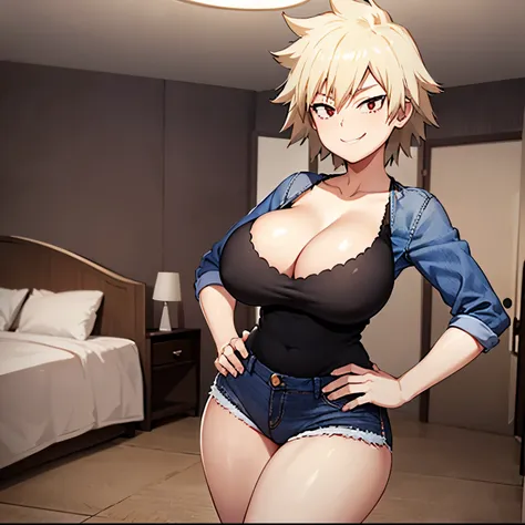 1girl,alone,mitsuki bakugou,(high definition)), ((best quality)), mature woman,sexy posture,sexy body, red eyes, dull blonde hai...