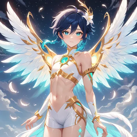 masterpiece,best quality,very aesthetic,absurdres,1boy,venti_/(archon/)_/(genshin_impact/),male_focus,detailed_eyes,teenage boy,large fluffy all white feathered_wings,white halter_crop top with gold accessories,smooth low waisted white spandex shorts with ...