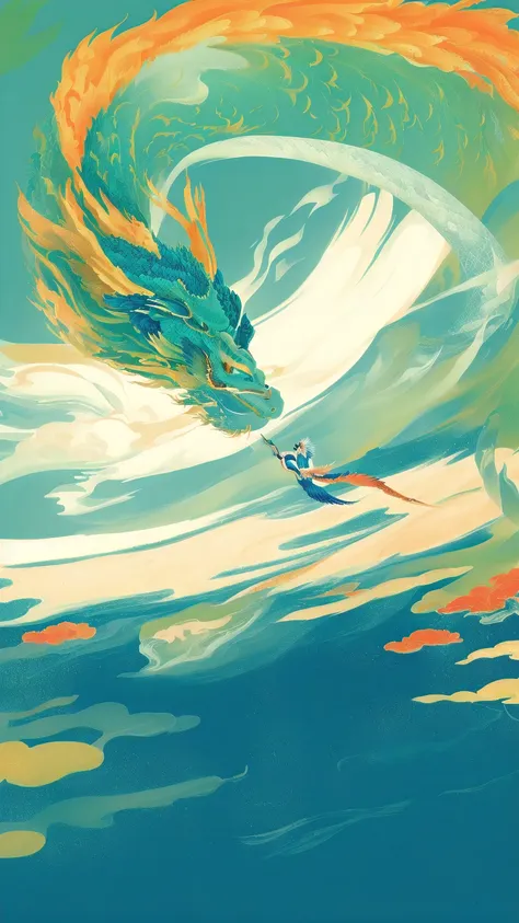 colorful painting of a dragon flying over water, inspired by victor i, wei weide style, wei weide! soft colors, jc leyendecker a...