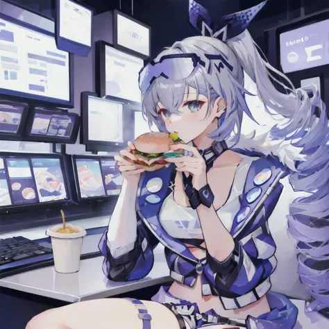 one girl eating a hamburger and fries at a restaurant, eating a hamburger, silver wolf honkaistarrail, anime food, hacker, anime...