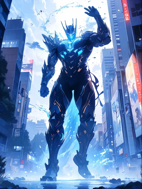 ((highest quality)), ((masterpiece)), ((super detailed)), (very delicate and beautiful), Giant towering miniscule city, cool, Hero, special effects, Ultraman, Light blue body, swaying body, flowing energy, urban area, building, whole body, dynamic, pull co...