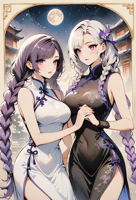 Retro Style, Chinese cheongsam sexy,High-end fashion,A couple of lovers staring at each other, yinji, purple hair, purple eyes, long hair, white hair, double braids, gradient hair,Fine details,Chic and stylish,Perfect makeup,Gorgeous expression,Beautiful a...