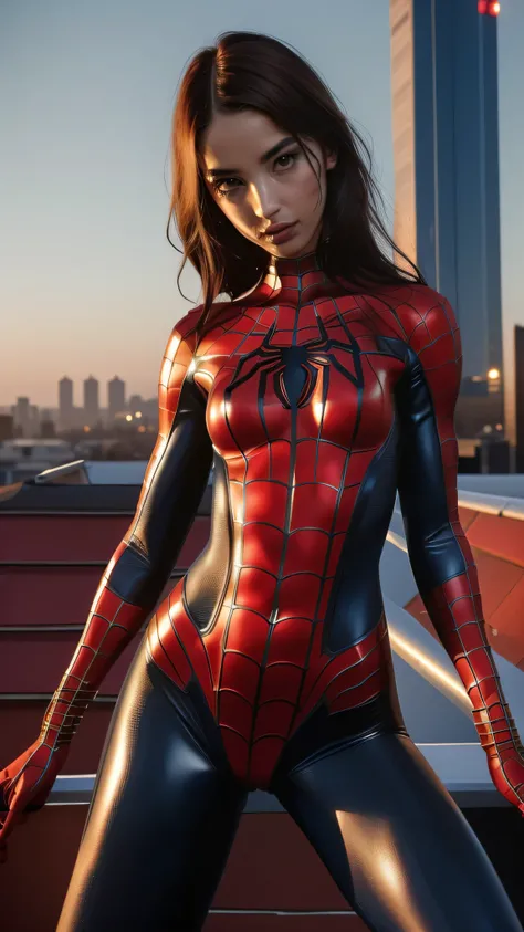 (Spider-Man shiny costume), (((shiny latex suit))), ((Emily Willis)), (((exposed breasts, show nipples))), costume dissolving1.2, bright eyes, ((costume is disappearing from her chest to her vagina)), smile, cameltoe:1.5Beautiful woman detailed defined bod...