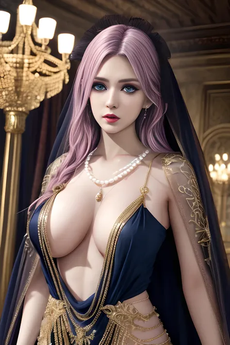 1girl, ice-crystal embellished dress, unclothed body, jewel, lace cloak, fluffs, pearl bodychain, beautiful detailed eyes, beautiful detailed lips, extremely detailed eyes and face, long eyelashes, best quality, 4k, 8k, highres, masterpiece, ultra-detailed...