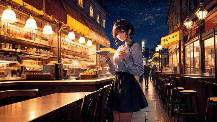 (Original photo, highest quality), 1 girl,  Liza, night,Cafe, 
Sathosh Khan&#39;s art style