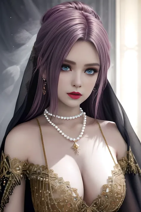 1girl, ice-crystal embellished dress, unclothed body, jewel, lace cloak, fluffs, pearl bodychain, beautiful detailed eyes, beautiful detailed lips, extremely detailed eyes and face, long eyelashes, best quality, 4k, 8k, highres, masterpiece, ultra-detailed...