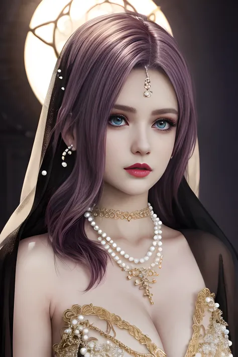 1girl, ice-crystal embellished dress, unclothed body, jewel, lace cloak, fluffs, pearl bodychain, beautiful detailed eyes, beautiful detailed lips, extremely detailed eyes and face, long eyelashes, best quality, 4k, 8k, highres, masterpiece, ultra-detailed...