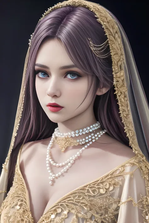 1girl, ice-crystal embellished dress, unclothed body, jewel, lace cloak, fluffs, pearl bodychain, beautiful detailed eyes, beautiful detailed lips, extremely detailed eyes and face, long eyelashes, best quality, 4k, 8k, highres, masterpiece, ultra-detailed...