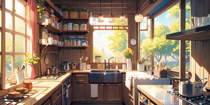 (masterpiece:1.2), best quality,pixiv,warm animated scenes,cozy anime,
sunlight,kitchen