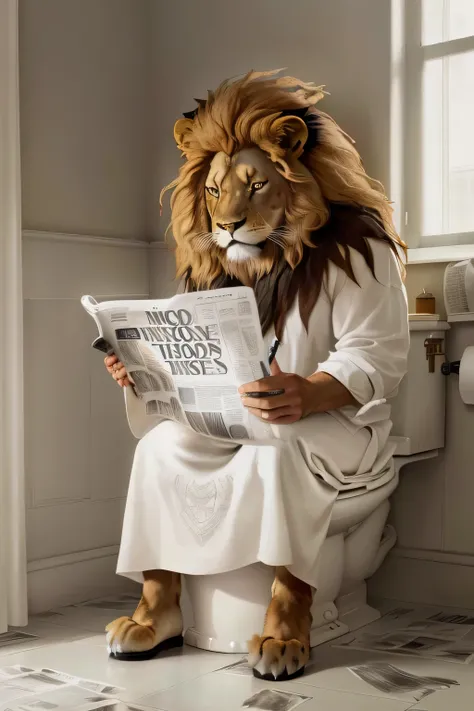 araffe dressed as a lion read newspaper on a toilet, Read next to the lion, read newspaper, read newspaper, lion aslan, newspaper photography, Lion&#39;s Mane, With a lion&#39;s mane, sit on his throne, Relax after a hard day, Sitting on the throne, King o...