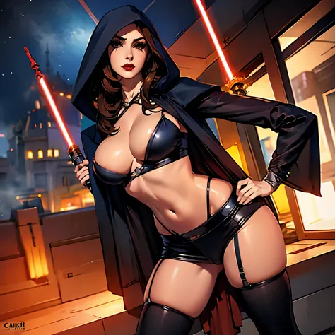 La mujer, sith, ropa corta, poca ropa,ropa, stockings, medias, star wars, death star, muy detallado, Realistic long-term photography., 4k, pelo largo, brown hair, By the chestnut, labios rojos, hood, capucha, sexy,red lips, brown eyes, big breasts, pechos ...