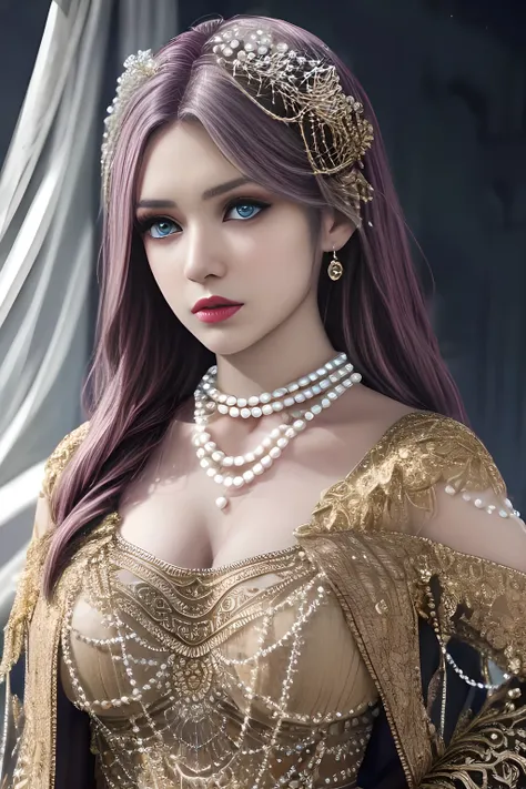 1girl, ice-crystal embellished dress, unclothed body, jewel, lace cloak, fluffs, pearl bodychain, beautiful detailed eyes, beautiful detailed lips, extremely detailed eyes and face, long eyelashes, best quality, 4k, 8k, highres, masterpiece, ultra-detailed...