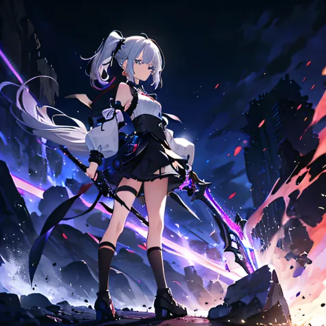 1 girl, solitary, Short Girl, Lolita, Highly detailed silver hair with purple tips, crystal hair, Double ponytail at the back, Beautiful deep blue eyes, Cross-shaped pupil, Red mist in eyes, Glowing eyes, Small Breasts, Complex black、blue and gray crops_Th...