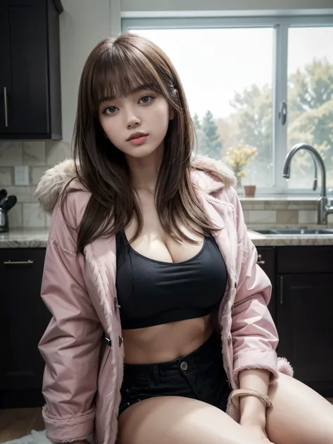 1girl, sitting on floor, cleavage, gigantic breasts, sagging breasts, detailed face, kitchen background, head tilt, side swept long brown hair, bangs, looking at viewer, open fur-trimmed pink jacket, thighs, navel, chubby body type, (best_quality, masterpi...