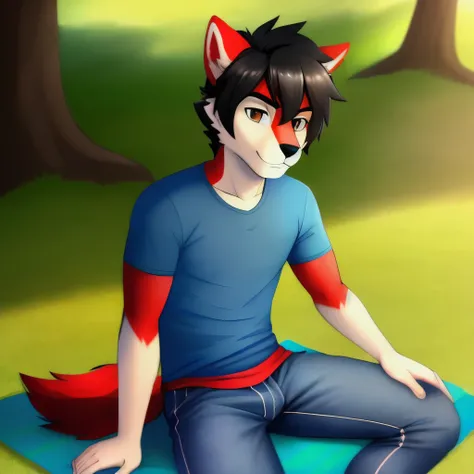 (Best quality: 1), (Super high resolution: 1), antrum, male wolf with red fur, short black hair, brown eyes, blue T-shirt and tight blue pants in the park, sitting on a picnic towel, soft lighting, solo, alone, no group, no double, small bulge