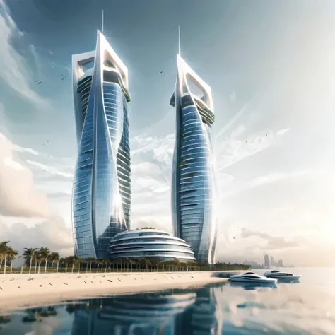 Create a detailed image of a futuristic twin tower skyscraper with a unique twisted design. The building is made of reflective glass panels and appears to intertwine as it rises. It is set on a waterfront with a vast, shimmering ocean in the background. Th...