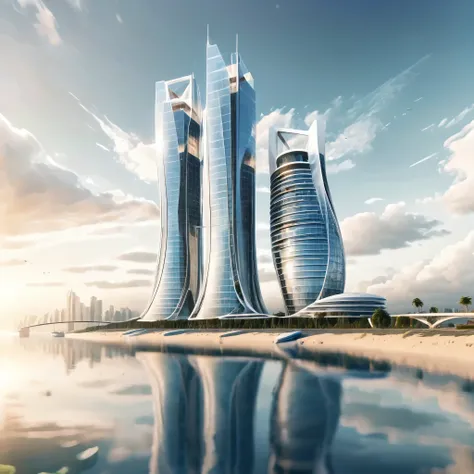 create a detailed image of a futuristic twin tower skyscraper with a unique twisted design. the building is made of reflective g...