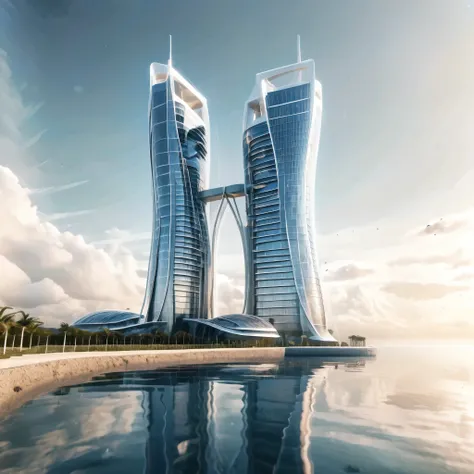 Create a detailed image of a futuristic twin tower skyscraper with a unique twisted design. The building is made of reflective glass panels and appears to intertwine as it rises. It is set on a waterfront with a vast, shimmering ocean in the background. Th...