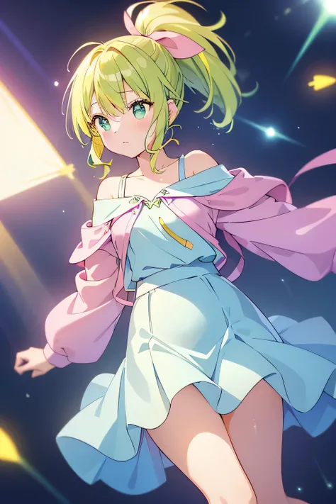 (32k),(Pink front opening hoodie),(((Pink ribbon))), ((Straight bangs)), (((Very long yellow-green ponytail))),(((Yellow-green hair)))，(((A light blue off-the-shoulder shirt and a beautiful fluffy light blue skirt)))，(((Light blue clothes)))，(((The hoodie ...