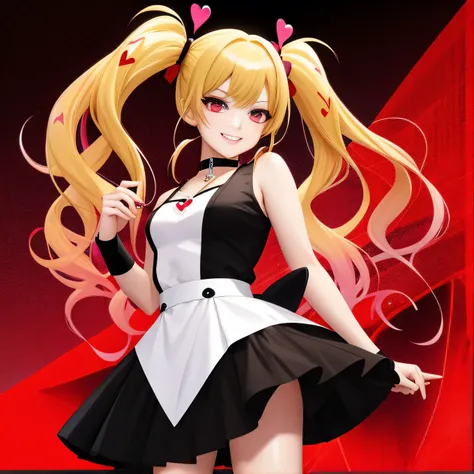 full body Esbian, masutepiece: 1.2, Highest Quality), (Live-action, elaborate details), (1 Lady, Solo, Upper body,) Clothing: Edgy, Black long jumper, red miniskirt, long hair with blonde twin tails,,,,,,,、Avant-garde, Experimental appearance: Long blonde ...