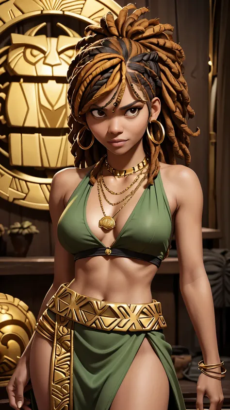 (Zendaya:Halle Berry) dressed like a nigerian chaman, red green and yellow sleeveless tunic, (high top fade haircut and dreads) tribal tattoo in the face, (golden rings necklace), Lovecraft atmosphere, masterpiece, hyperdetailed