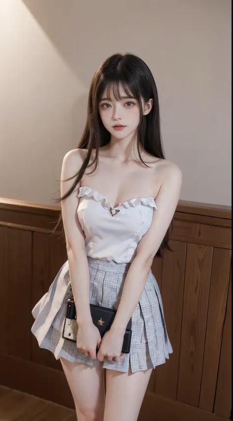 nogizaka_costume, ((cowboy shot)), ((Bare shoulder)), ((Short hemlines, sexy long legs)), ((Elegant and charming posture, random view shots)), realistic detailed photo of a giant breasted girl with exposed shoulders, detailed fingers, high quality skin, re...