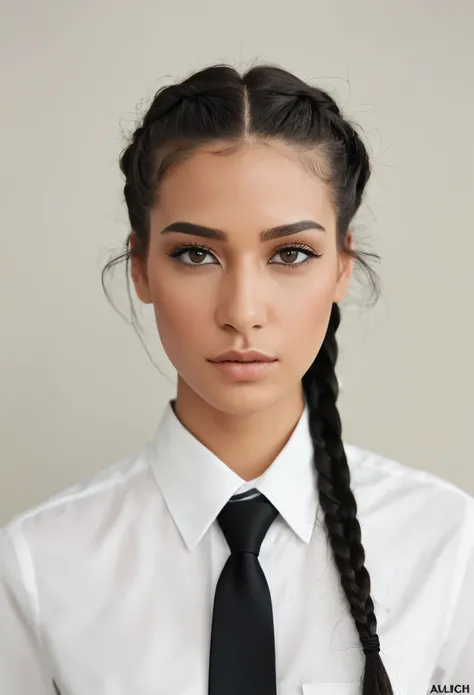 A hyper realistic fashion portrait of an androgynous supermodel with long dark hair in sleek braids, wearing black tie, looking straight at the camera, neutral expression, neutral background, skin texture details, high resolution, ultra-realistic photograp...