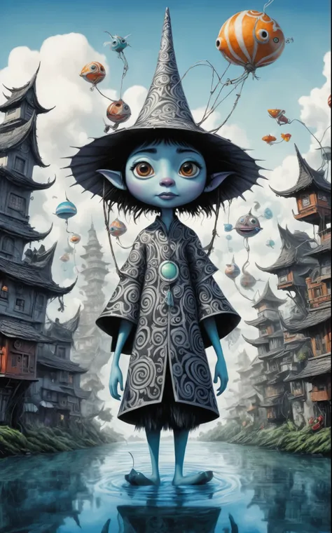 monochrome (pencil scektch:1.1),close up portrait (Kobold:Moana:1.25) In a Tim Burton-inspired dreamscape, houses float in the sky, tethered to the ground by strings made of candy. Within these houses, inhabitants with hats resembling Möbius strips and coa...