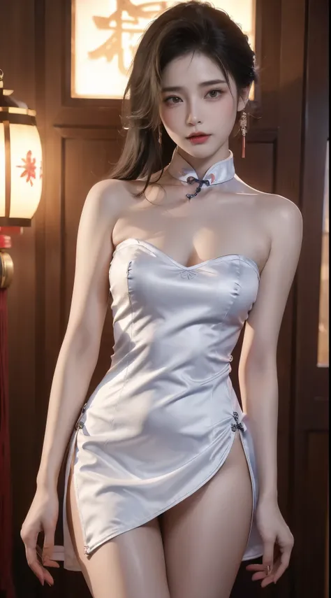 Fashion cheongsam, ((cowboy shot)), ((Bare shoulder)), ((Short hemlines, sexy long legs)), ((Elegant and charming posture, random view shots)), realistic detailed photo of a giant breasted girl with exposed shoulders, detailed fingers, high quality skin, r...